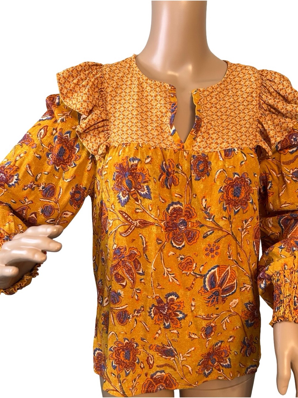 Farmers Market Floral Ruffle Yoke Blouse in Mustard